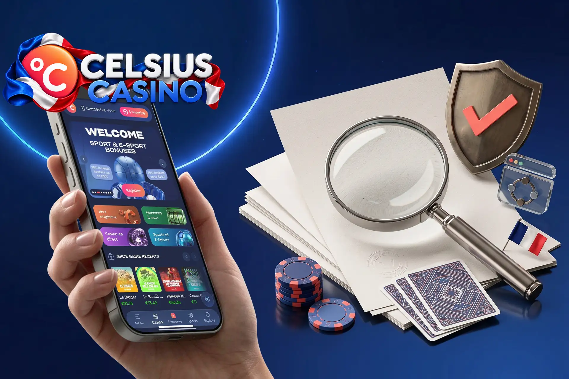 Processus de test et d'évaluation rigoureux de l'application mobile, symbolisé par une loupe posée sur des documents officiels et un bouclier de validation