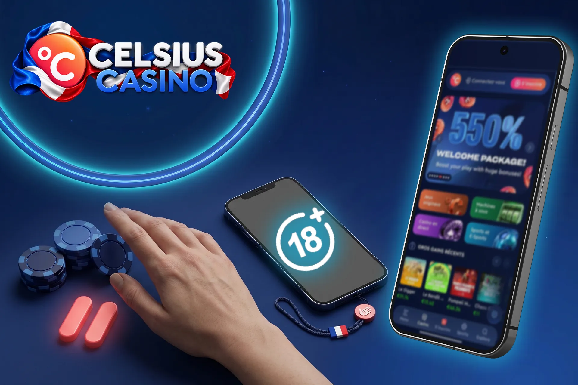 Politique de jeu responsable et aide aux joueurs en France sur Celsius Casino, illustrée par un smartphone affichant la limite d'âge 18+ et un bouton de pause à côté de jetons