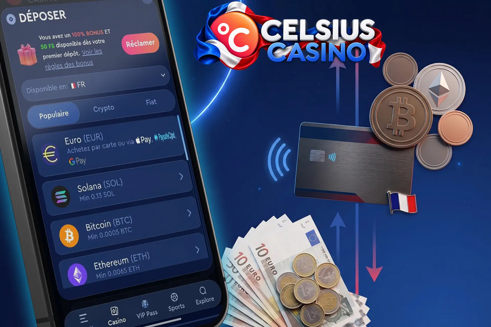 Méthodes de dépôt et de retrait sécurisées incluant les cartes bancaires, les euros et les crypto-monnaies, affichées sur l'écran d'un smartphone