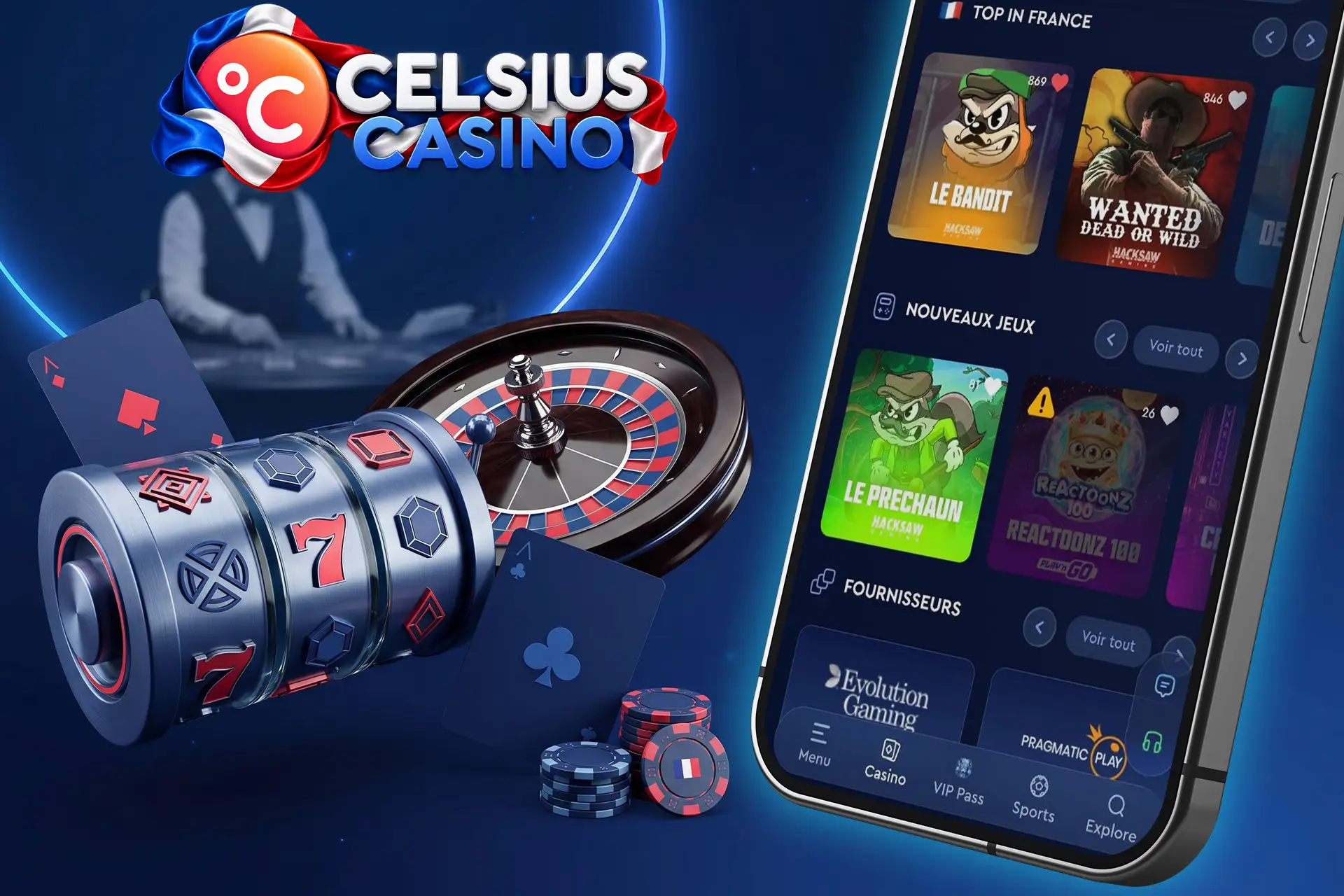Vaste sélection de jeux de machines à sous et fournisseurs reconnus sur Celsius Casino, illustrée par une roulette, des cartes à jouer et un bandit manchot