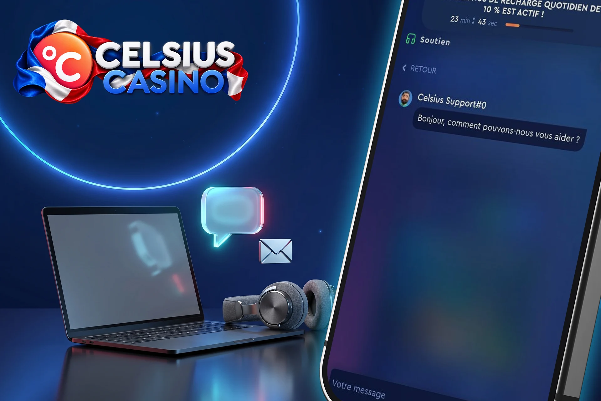 Service client francophone et réactif de Celsius Casino, illustré par un chat en direct sur mobile, un casque audio et des icônes de messagerie